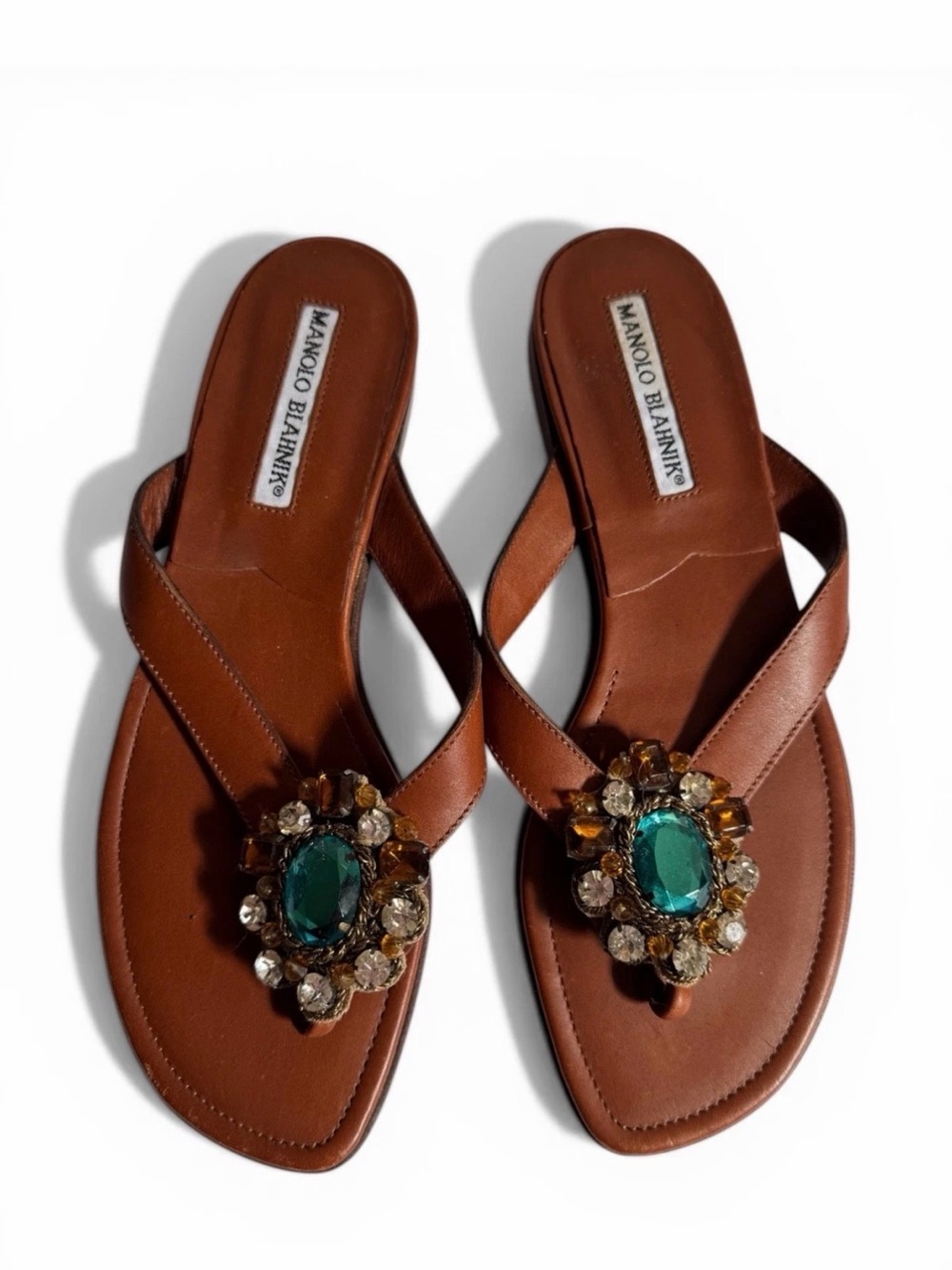 Authentic Vintage Manolo Blahnik Brown Leather Jeweled Thong Sandals